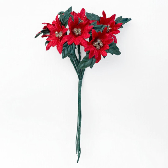 6 Small Red Fabric Millinery Poinsettias ~ Austria ~ 1-1/8"